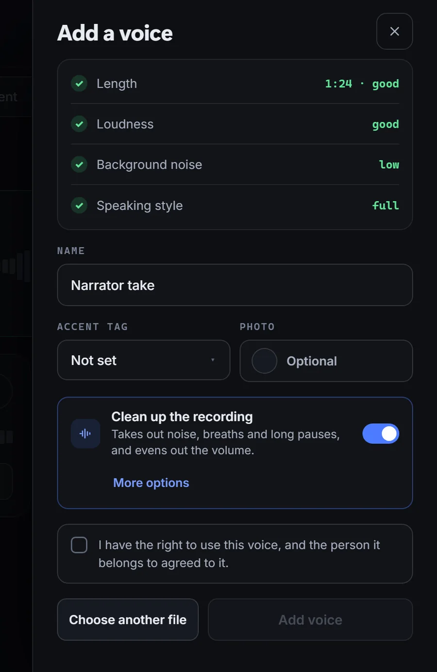 Adding a voice in PRISM: checks for length, loudness, noise and speaking style, with Clean up the recording turned on