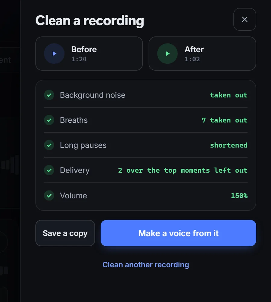 Clean a recording in PRISM: noise, breaths and long pauses taken out, volume raised