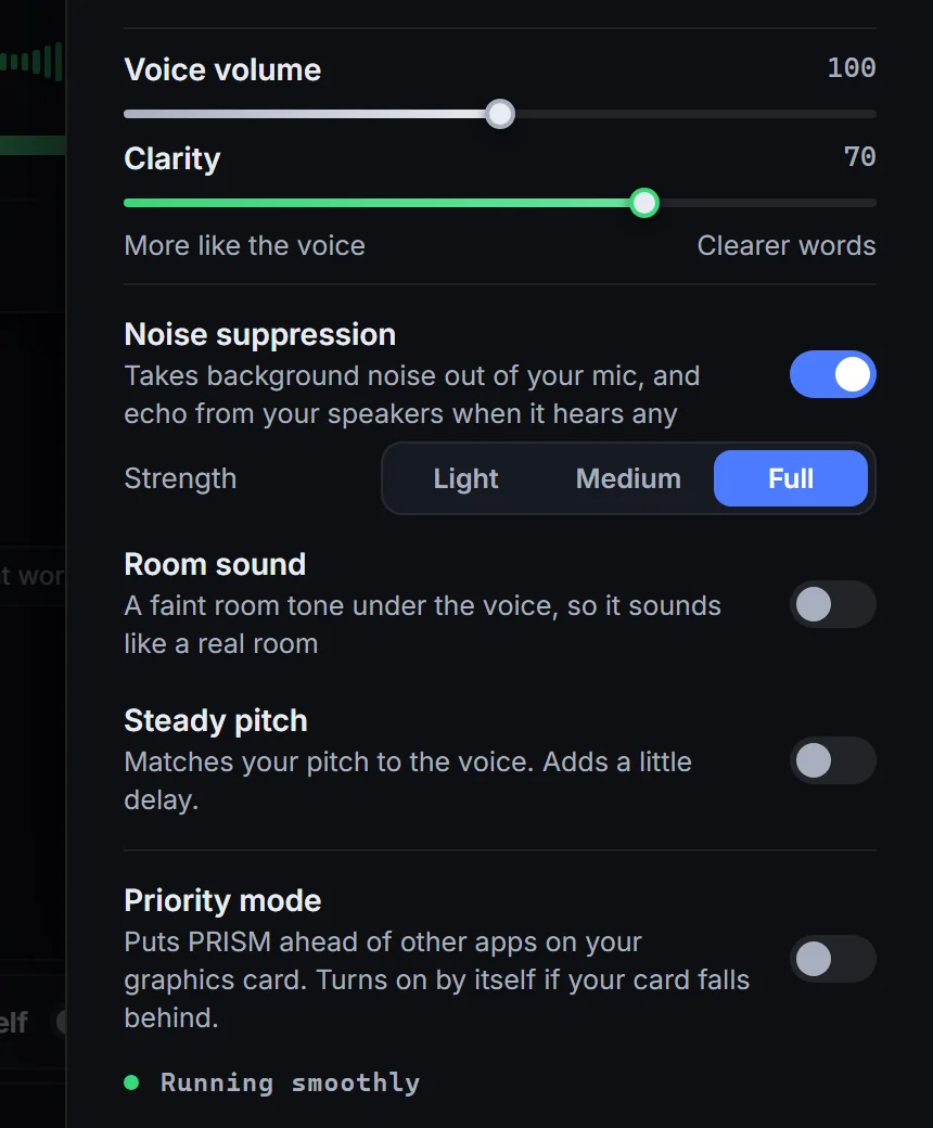 Sound settings in PRISM: voice volume, clarity, noise suppression, room sound, steady pitch and Priority mode