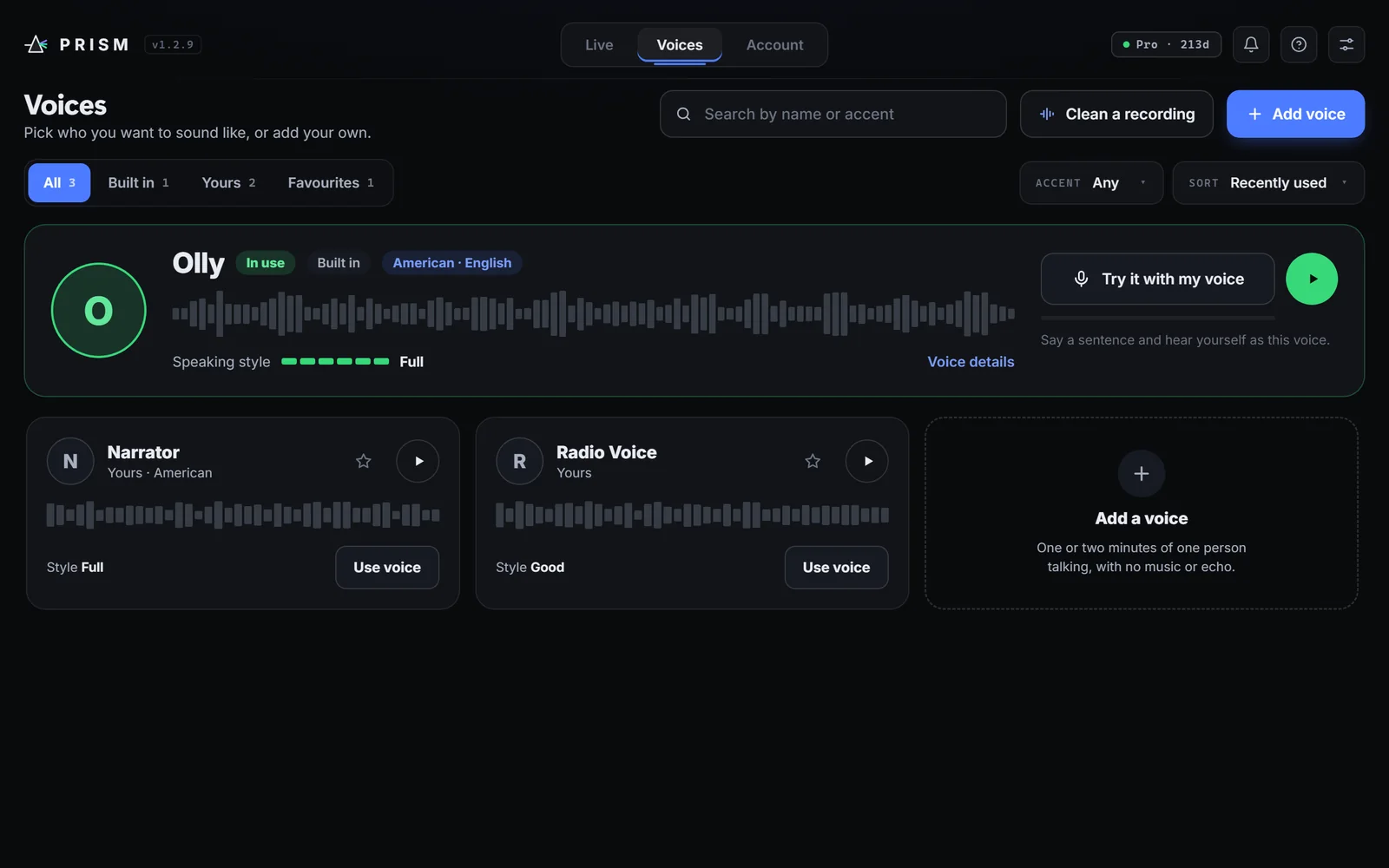 The Voices page in PRISM with Olly in use and two voices made by the user